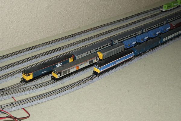 Lineup of three CJM Class 50s in the fiddle-yard. The track is Kato Unitrack using #6 turnouts.